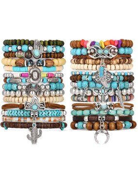 28PCS Western Turquoise Beaded Stackable Bracelets for Women - Boho Chic Jewelry